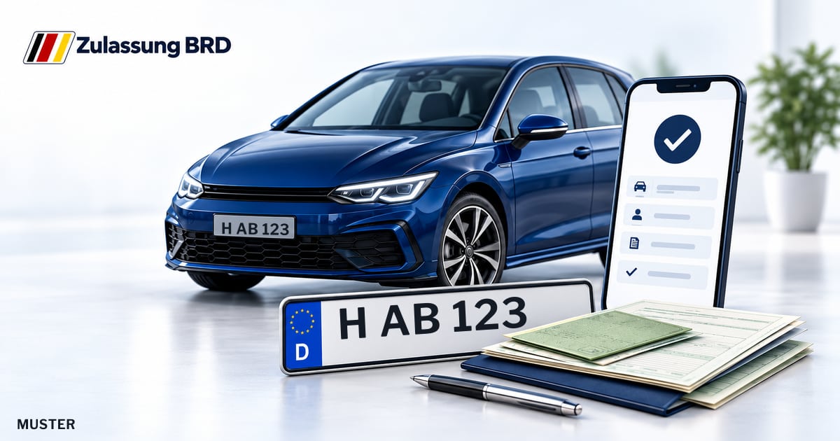 Online Fahrzeugzulassung in Laatzen: Musterkennzeichen H AB 123, Auto und Fahrzeugpapiere und Smartphone. Illustration mit Logo von Zulassung BRD.